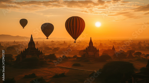 Sunrise Hot air balloon flying over old antique pagodas in Bagan, Myanmar