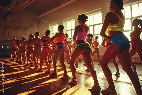 Retro Revival: 1980s Aerobics Class Brings Back the Vibrant Energy of Colorful Leotards and Leg Warmers in a High-Energy Fitness Workout.
