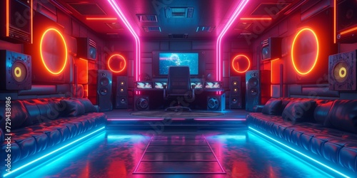 An Immersive Gaming Room With Vibrant Led Lights And Booming Speakers.   oncept Virtual Reality Gaming  High-Tech Gaming Setup  Dynamic Lighting  Surround Sound Experience