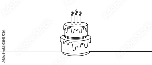 Drawing of cake with single continuous line. Sweet pastries. Concept for cafe, bakery, cake shop. Color illustration. Isolated.