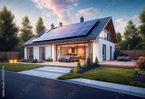 New country house with photovoltaic system on the roof, Modern eco-friendly clean house with solar panels on the gable roof, driveway and landscaping,