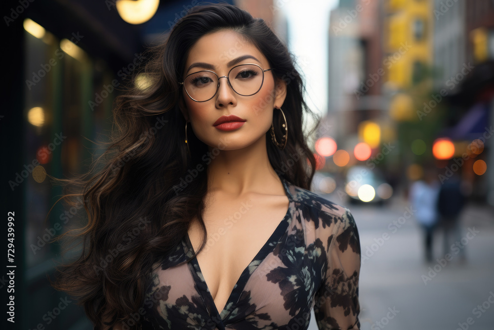 a beautiful Asian model wearing glasses with designed dress standing outside on a city street