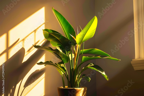 Gracefully adorning a sunlit corner of the house, a vibrant Bird of Paradise plant thrives within its pot, its exotic blooms & lush foliage infusing the indoor space with a touch of tropical splendor