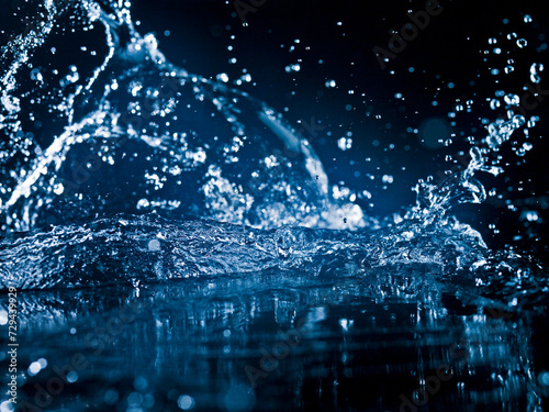 Dynamic water splash with dark blue background.