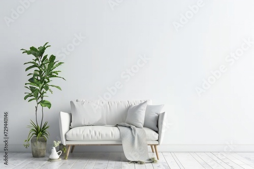 Living room interior with a white wall and sofa under the blanket.