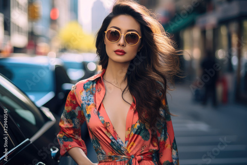 a beautiful Asian model wearing glasses with designed dress standing outside on a city street © Kien