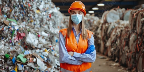 Dedicated Female Worker Promotes Recycling Through Conscientious Waste Sorting In Facility. Сoncept Recycling Ambassador, Waste Management Advocate, Eco-Friendly Workplace, Sustainability Champion