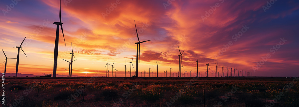 Wind turbines gracefully dot the hills, symbolizing the power of renewable energy and the commitment to environmental and ecological electricity alternatives