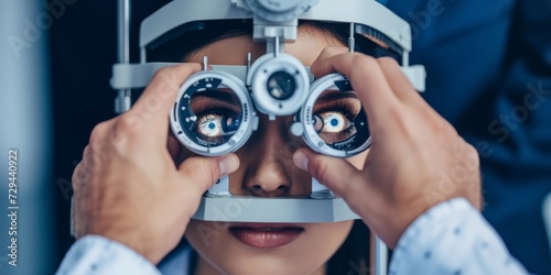 Ophthalmologist Utilizes Specialized Instruments To Examine Patients' Eyes. Сoncept Eye Examination, Ophthalmic Instruments, Vision Testing, Retinal Imaging, Eye Health Assessment photo