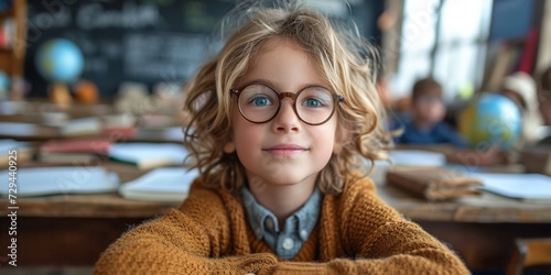 A cute portrait of a smart, young Caucasian boy wearing glasses, radiating positivity and happiness.