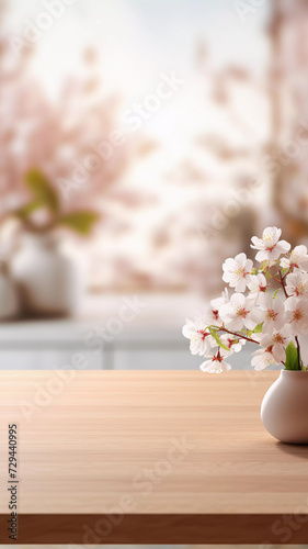 Minimal Cozy Counter Romantic Clear Mockup. Usable for product presentation background. Wood top counter and warm white wall with vase plant.