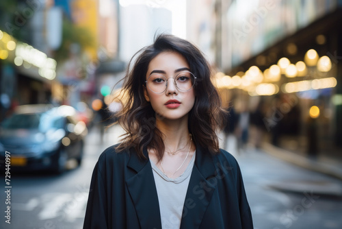 a beautiful Asian model wearing glasses with designed dress standing outside on a city street © Kien