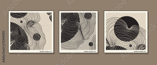 Set of minimal geometric posters. Mid-Century Modern Art with different line and geometric shapes. Trendy artistic abstract background. Trendy Scandinavian Design in Beige Colors. 