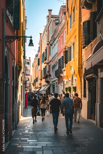 street in the old town. Venice, Venetian street. Old European city. Small village. Italy, France, Prague, Poland. Spanish or Spain town. Summer, old city district. Vertical, portrait photo