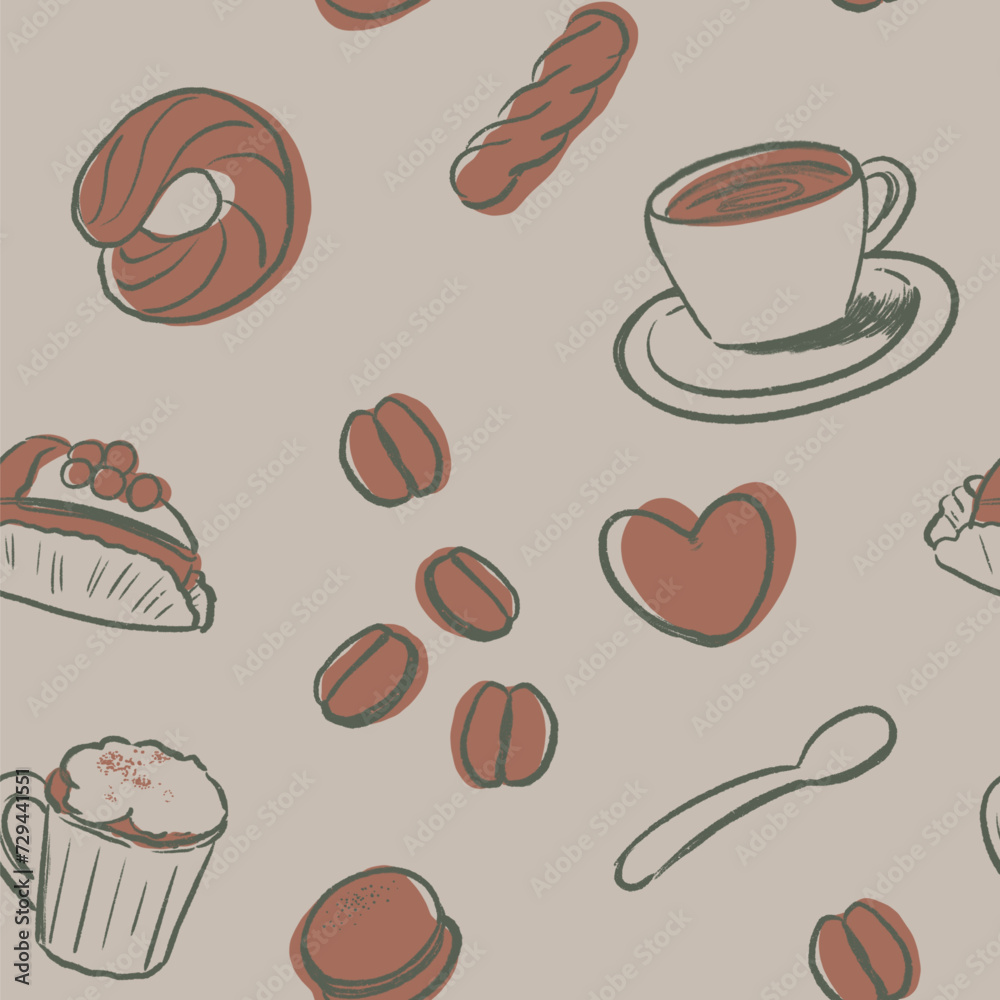 Hand drawn coffee seamless pattern color vintage 
