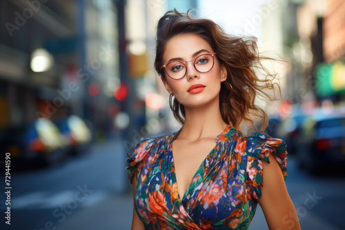 a beautiful model wearing glasses with designed dress standing outside on a city street