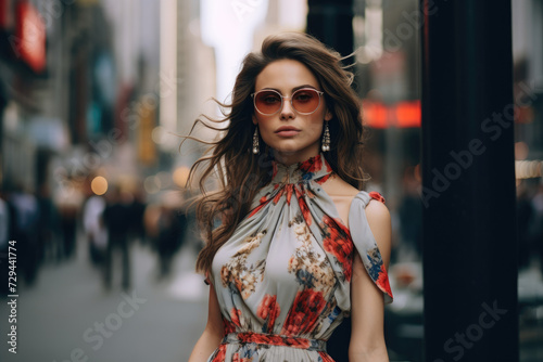 a beautiful model wearing glasses with designed dress standing outside on a city street © Kien