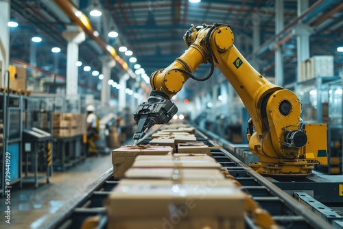 Automated Industrial Robot in Action on Manufacturing Floor - Precision Packaging and Logistics, Efficiency and Precision: Warehouse Automation with Industrial Robots and Advanced Technology photo