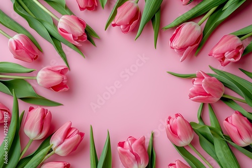 A frame of pink tulips on a solid light pink background. #729441972