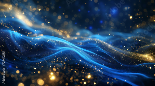 a blue and gold abstract background with sparks and m