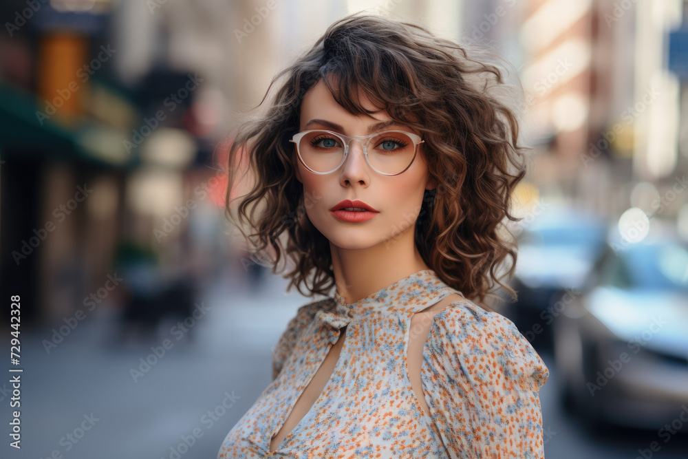 a beautiful model wearing glasses with designed dress standing outside on a city street