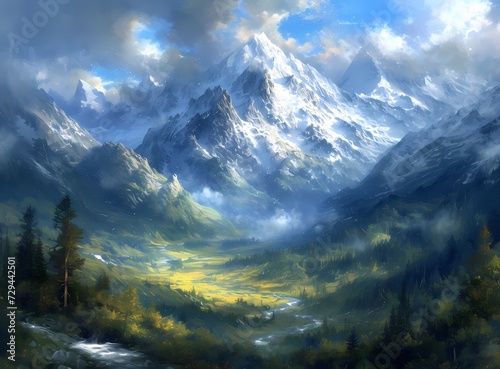Immerse yourself in the tranquil beauty of a snowy wilderness, surrounded by towering mountains and a vast expanse of trees in this stunning landscape painting photo
