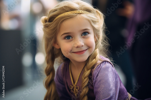 Young little lady princess in masquerade dress on costume party magic cosplay carnival and fairy tale concept generative ai