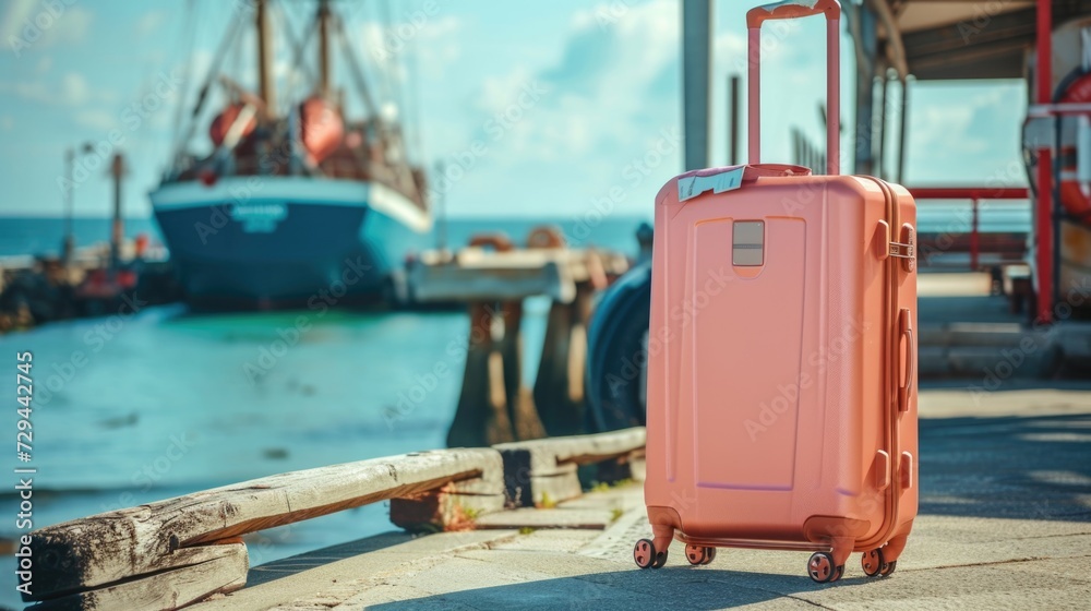 Peach suitcase on the pier, ship in the background