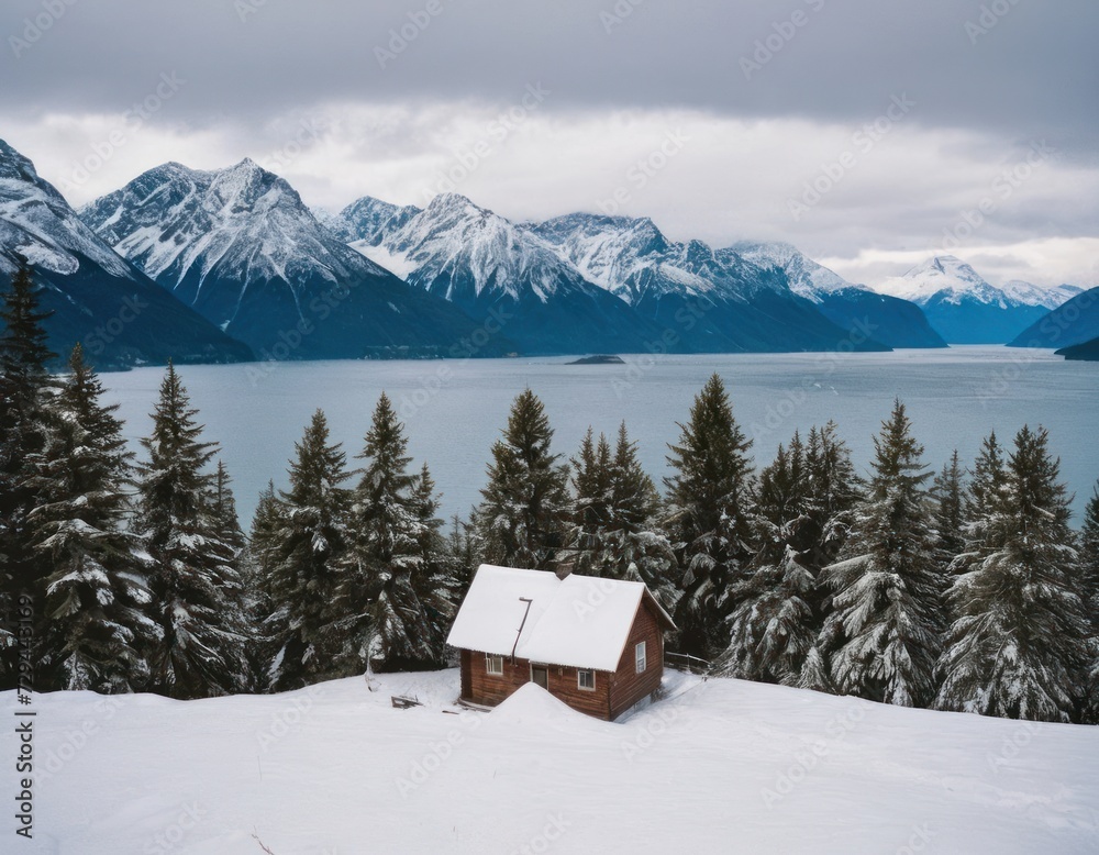 cabin sits on the shore of a lake in front of snow covered mountains and a dock with a chair in the foreground