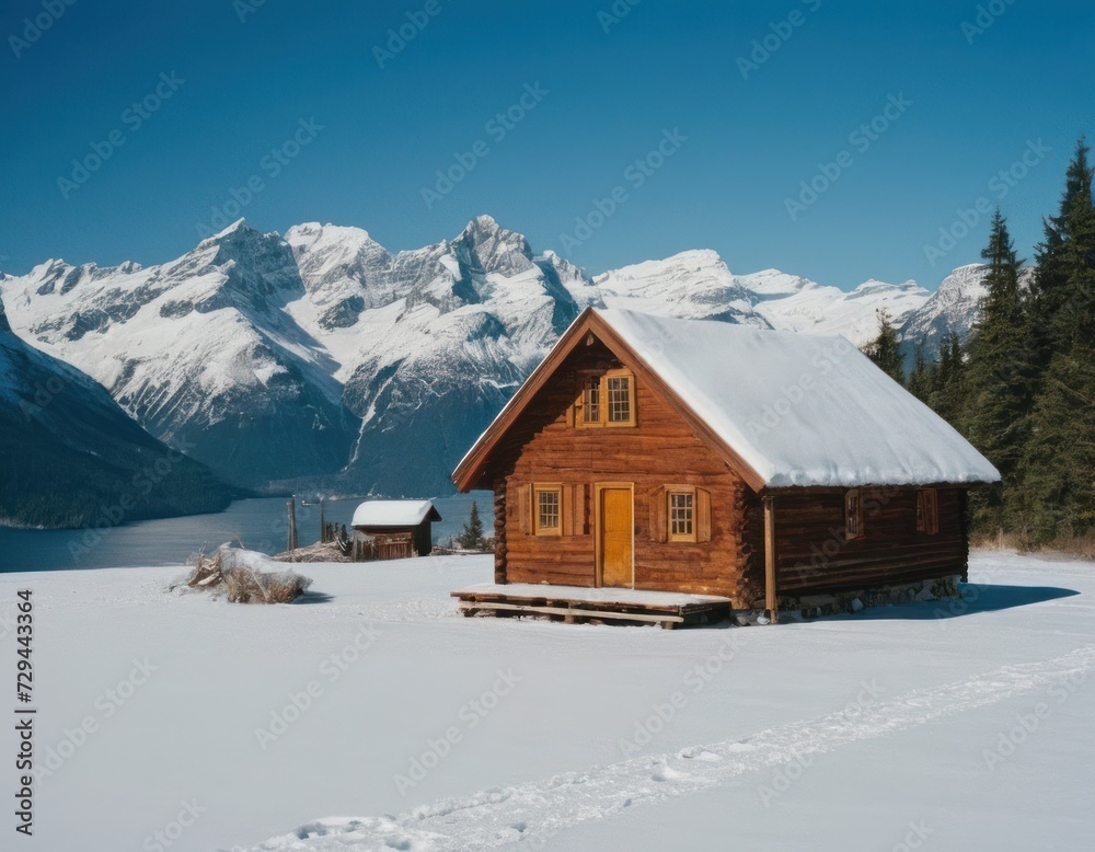 cabin sits on the shore of a lake in front of snow covered mountains and a dock with a chair in the foreground
