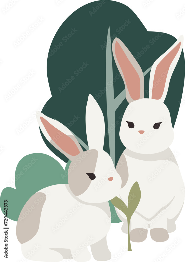 Fototapeta premium two Rabbits and bushes and grasses on transparent background, isolated elements vector