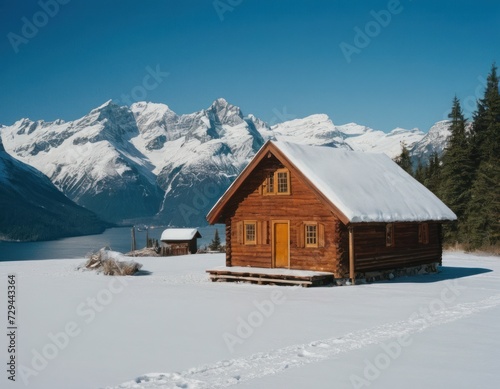 cabin sits on the shore of a lake in front of snow covered mountains and a dock with a chair in the foreground © Nathan
