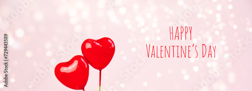 Happy Valentine's Day greeting card - Two red ballon hearts with bokeh lights - love background banner, panorama 