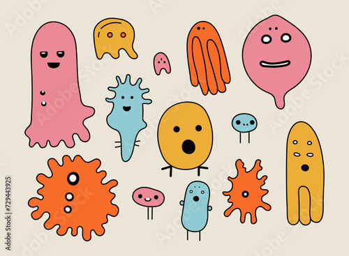 Set of cute colorful germs in flat cartoon style isolated on beige background. Simple hand drawn bacterias, childish doodles collection