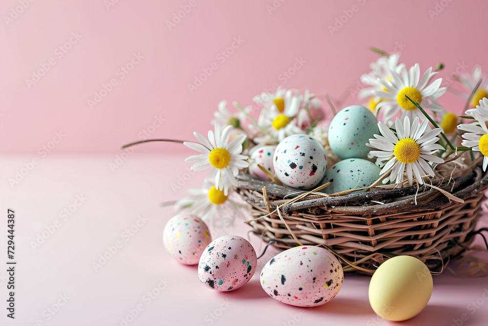 Obraz premium Basket with colorful Easter eggs and blooming flowers 