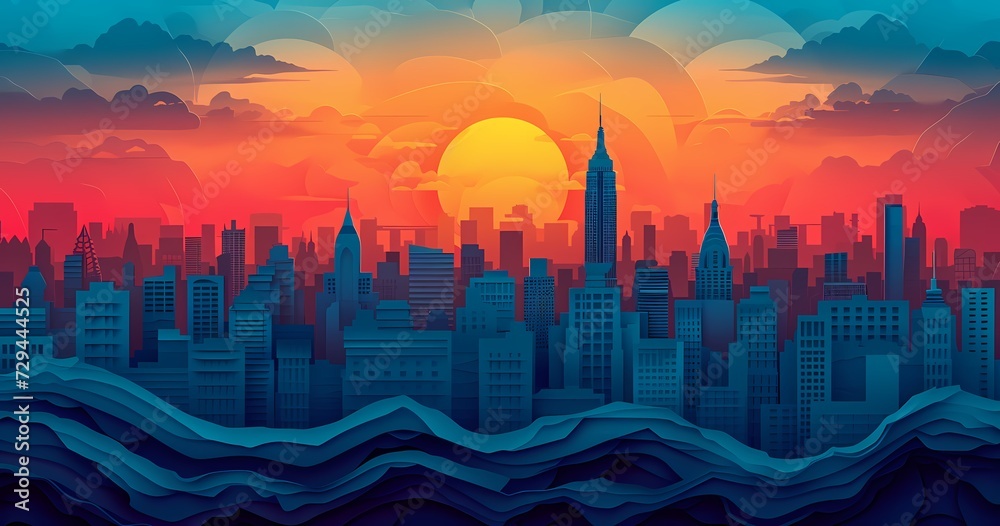 Amidst a sea of towering skyscrapers, the fiery sunset casts a warm glow upon the city skyline, while wispy clouds dance above, creating a breathtaking fusion of urban and natural beauty
