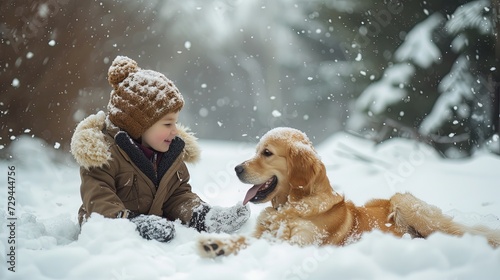 Cute little boy playing with golden retriever dog in winter park, ai generative