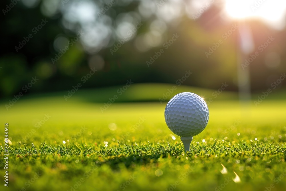 Close-up golf ball on tee with blurred bokeh background, golf course Close-up golf ball on tee with blurred bokeh background, golf course