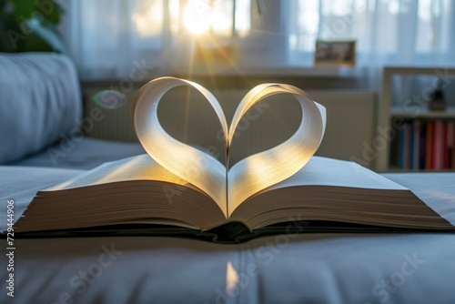 Heart-shaped book on the mattress on the background symbol of love