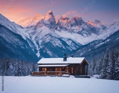 cabin sits on the shore of a lake in front of snow covered mountains and a dock with a chair in the foreground