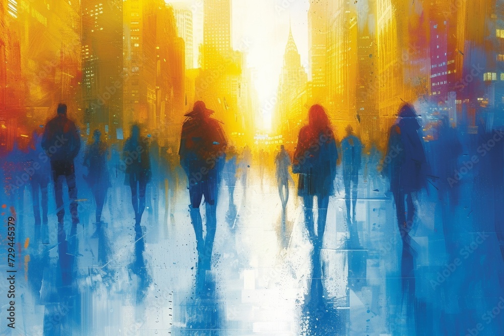 Dynamic urban rush, portraying the hustle and motion of people in a contemporary cityscape. Dynamic urban rush, portraying the hustle and motion of people in a contemporary cityscape.