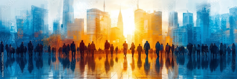 An abstract illustration depicting the dynamic and bustling urban life of people in motion against the backdrop of corporate skyscrapers and a modern cityscape.