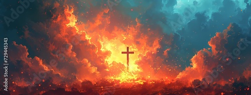 A fiery cross stands tall amidst the blazing heat and explosive smoke of a natural outdoor volcano, symbolizing the strength and resilience of faith