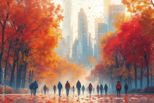 In a bustling autumn city park, people stroll amidst colorful foliage, embodying an active and vibrant urban lifestyle.