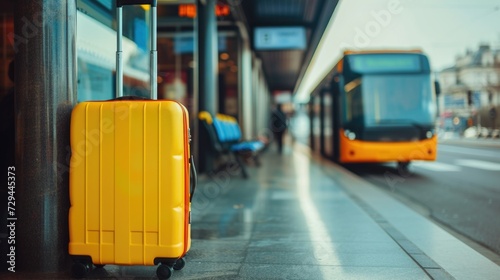 A yellow travel suitcase stands on the bus stop. City transport and travel concept