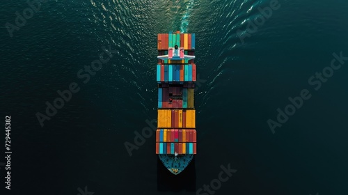 Aerial view of container ship transporting goods at deep blue sea.