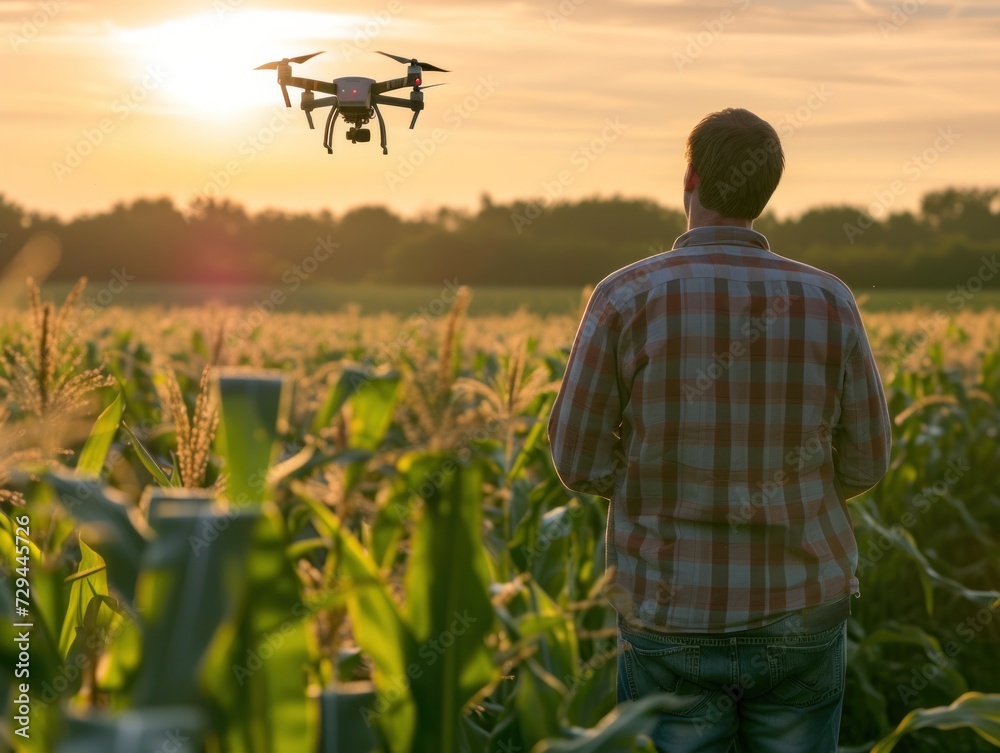 Rear view of farmer using drone to inspect corn field