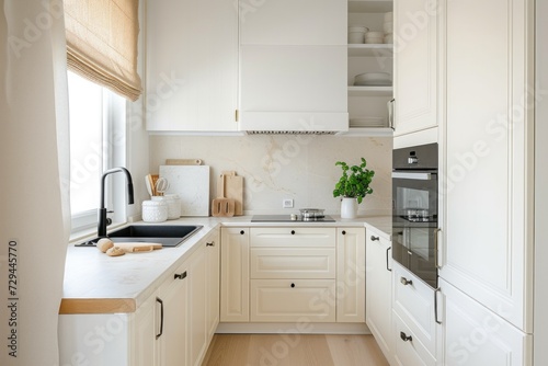 Classic Scandinavian minimalist kitchen in white and beige. © ORG