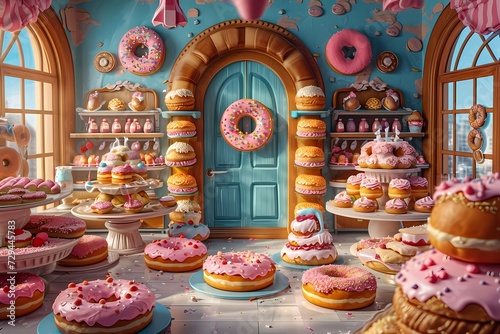 A sweet and colorful display of delectable baked goods, including donuts, cakes, and cupcakes, temptingly arranged on a cake stand in an indoor bakery shop, adorned with intricate icing and vibrant f