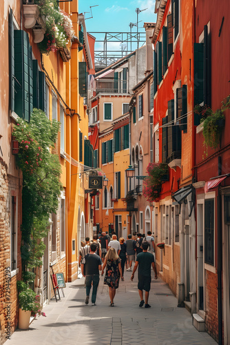 street in the old town. Venice  Venetian street. Old European city. Small village. Italy  France  Prague  Poland. Spanish or Spain town. Summer  old city district. Vertical  portrait photo